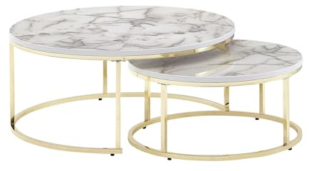 Wohnling Couchtisch 2er Set Weiß Gold Marmor Optik Sofatisch Rund Modern, Couchtische 2-teilig Metall, Runde Wohnzimmertische, Design Satztische