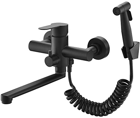 Wandarmatur mit Handbrause Küchenspüle Küchenarmatur Wasserhahn Edelstahl Heiß/Kaltwasser Waschwanne Drehbar (Schwarz)