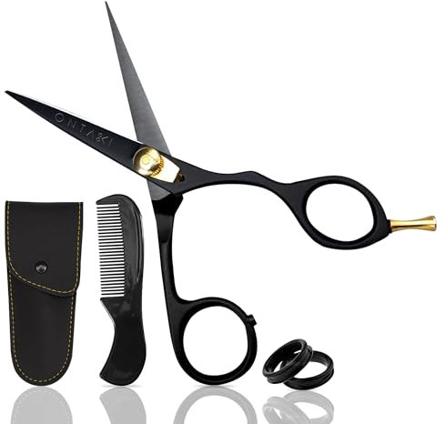 Ontaki Bartschere & Schnurrbartschere aus Japanischem Stahl - 14 cm, mit Bartkamm & Tragetasche - Schere für Schnurrbart & Schnurrbart Kamm Männer - Bartschere Männer mit Kamm - Friseurschere