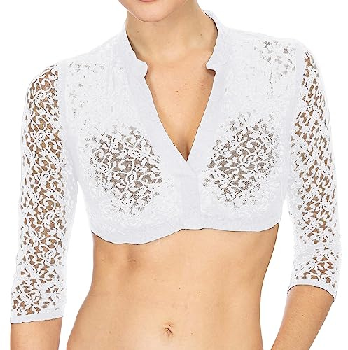 Dirndl - Camicetta da donna, maniche a 3/4, scollo a V, con reggiseno con scollo dritto, corsetto, camicetta Dirndl, lingerie sexy in pizzo all'uncinetto, Oktoberfest, bianco, XXXL