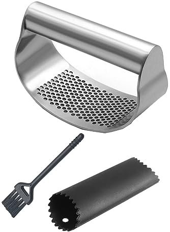 Knoblauch Ingwer Presse Wippe,430 Edelstahl Crusher Squeezer Silikon Knoblauchschäler Reinigungsbürste Küchen-Knoblauchwippe für Zuhause, Küche, Restaurant, Gadgets, einfache Reinigung