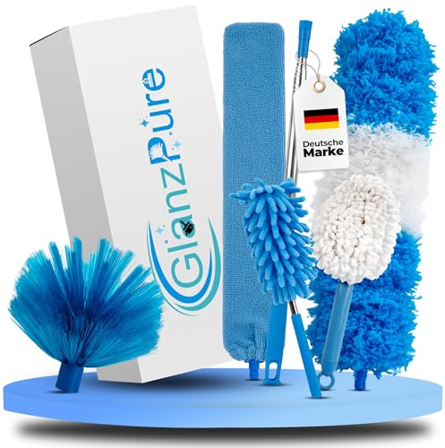 GlanzPure-Staubwedel Teleskop 2,5 m – Mikrofaser Set für hohe Decken & Möbel, ausziehbar, waschbar & kratzfrei – Entfernt Staub und Spinnenweben ohne Leiter