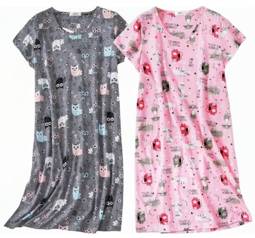 BERDITH 2 Pack Nighties for Women Nightdress Ladies Cotton Blend Womens Nightwear Nightshirt Nightdresses Plus Size Sleep & Lounge Night Dress Gift Mum Mummy Mothers Day