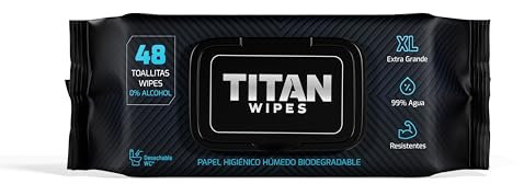 TITAN WIPES Carta igienica umida biodegradabile extra grande e resistente – 48 salviettine umidificate XL 18 x 18 cm, 99% acqua, aloe e vitamina E, 0% alcool, resistenti e usa e getta dal WC (carta WC