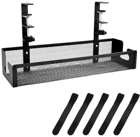 Culinavog Plateau de Gestion des Câbles sous Bureau, 40cm Support Multiprise sans Perçage, Chemin de Câbles en Métal avec Pince Réglable, Panier Latéral pour Multiprises et Fils
