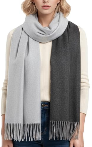PFLife Bufanda de Lana para Mujer 200×70 cm Tacto de Cachemira Suave y Cálido Chal de Invierno Reversible con Flecos Caja de Regalo (Negro y gris)