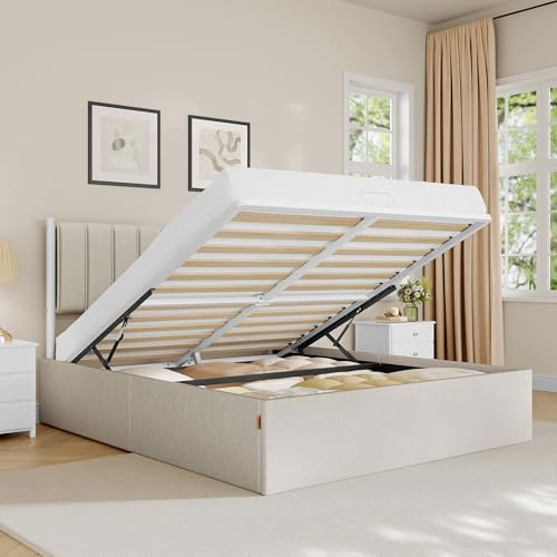 VASAGLE Bettgestell, Bettrahmen, Bett, 140 x 200 cm, klappbar Lattenrost, Unterbettaufbewahrung, Kopfteil, Hydrauliksystem, modern, einfache Montage, cappuccinobeige RMB614LH01