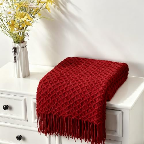 CREVENT Couverture tricotée bohème de Style Rustique pour canapé, Chaise, lit, décoration d'intérieur, Douce, Chaude, Confortable, légère pour Printemps, été, Automne (127 x 152 cm, Rouge Noël)