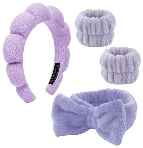 4 Piezas Diadema de Spa para Lavarse la Cara,Diadema para el Cuidado de la Piel, Juego de Muñequeras para Lavarse la Cara, Diademas para Maquillaje,Mujeres,Deporte y Yoga(Morado)
