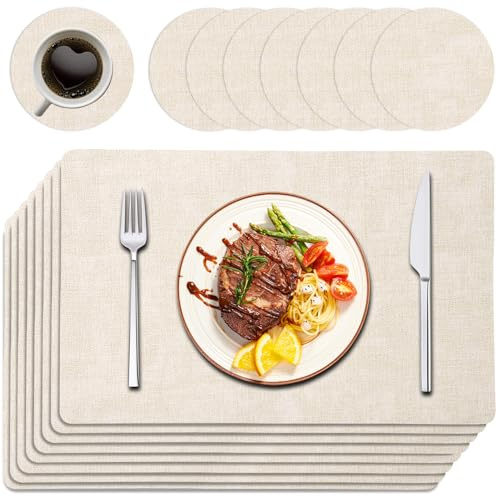 Purejoy placemats table mats and coasters table place mats heat resistant table mats - PU Leather Set of 16 (8 Placemats + 8 Coasters), Stain-Proof Wipe Clean Non-Slip 43×30cm for Dining Table, Beige