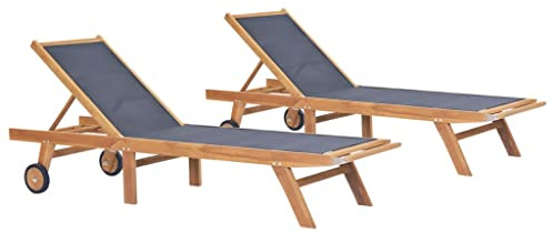 Nusvialune Fällbara solstolar med hjul av teak och textil, 2 stycken, justerbara relaxsängar för trädgård, pool, terrass, balkong, strand, camping, wellness