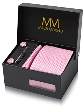 Massi Morino Krawatte Rosa - Kariert mit Einstecktuch Set Herren inkl. Manschettenknöpfe, Krawattennadel und Geschenkbox | Männer Krawattenset zur Hochzeit