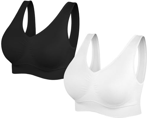 SIMIYA Super Comfort Bra, Womens Sports Bras Removable Pads Plus Size Sleep Bras for Girls in Yoga Bralette Leisure Stretch Crop Tops Vest (S, 2 Pack Black+White)