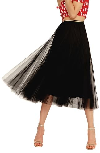 Luna et Margarita Jupe Noire Mi Longue Femme Tutu en Voile à Couches Plissée avec Taille Contrastante Taille 2XL