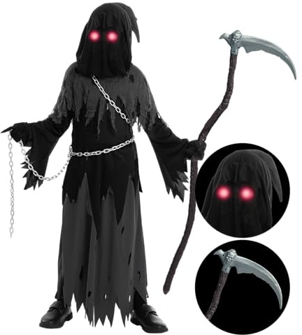 Spooktacular Creations Child Unisex Glowing Eyes Reaper Costume for Creepy Phantom Halloween Costume
