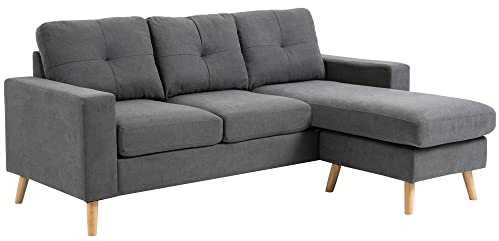 HOMCOM Divano Angolare 3 Posti con Penisola Chaise Longue Reversibile, Design Moderno in Lino Grigio, 193x136x 85cm