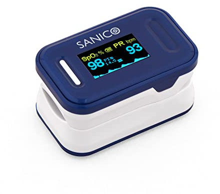 SANICO Pulsoximeter – Digitales Gerät zur Messung von Herzfrequenz, Europäische Marke, Perfusionsindex und Blutsauerstoffsättigung SpO2-6-fach verstellbares Farbdisplay – Mit Batterien
