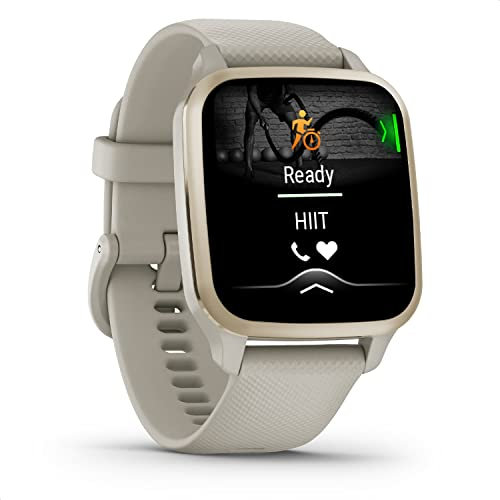 Garmin Venu Sq 2 – Music Edition - Montre connectée GPS Multisports avec écran AMOLED et Suivi santé – Cream Gold avec Bracelet Lin - Boîtier 40 mm