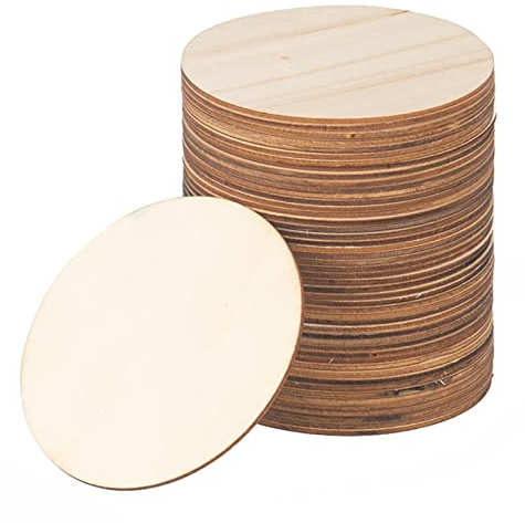 50PCS Wooden Round for Crafts, 4 Inch Unfinished Wood Pieces for Crafts, Natural Round Shape Wooden Slices Cutouts Coasters for Paint DIY Pyrograph Staining Burning Engraving Carving