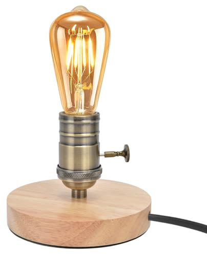 Tissting Vintage Wooden Table Lamp Base with Dimmable Button (4.7×3.3in/120×85mm) - E26/E27 Holder, Adjustable Brightness, Mini Desk Lamp for Bedroom, Living Room, Cafe, Bulb Not Included