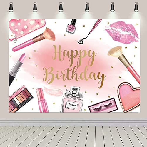 Toile de fond rose pour fête spa sur le thème du salon de maquillage « Happy Birthday » pour photographie, princesse pour fille, femme, cosmétiques, décoration de fête à thème (2,4 x 1,8 m)