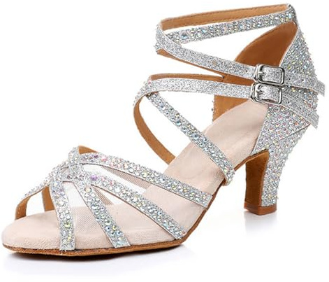 Rosefinch Chaussures de Danse Latine Strass Salsa Chaussures de Danse pour Femmes/Filles, Semelles Souples 5/7cm Talon 34-41EU