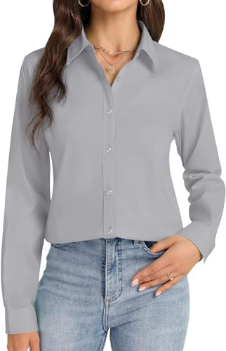 J.VER Button Down Shirts for Women Stretch Collared Cotton Long Sleeve Dress Shirt Business Casual Blouse for Work, Light Grey, M