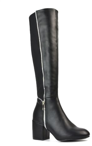 ESSEX GLAM Womens Over Knee Boots Ladies Low Block Heel Deco Zip Black Synthetic Leather Stretch Shoe Boot Size 7