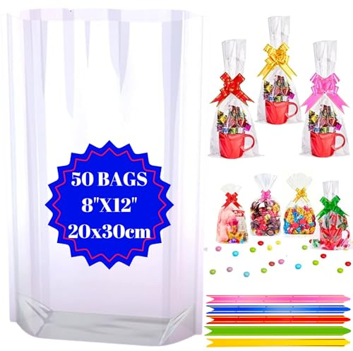 MAARA Cellophane Bags, Pack of 50 (8X12/20X30CM) Medium Clear Sweet Bags, Food Safe Cookie Bags With Bows, Treat And Party Bags For Mugs, Flat Bottom Plastic Cellophane Gift Bags