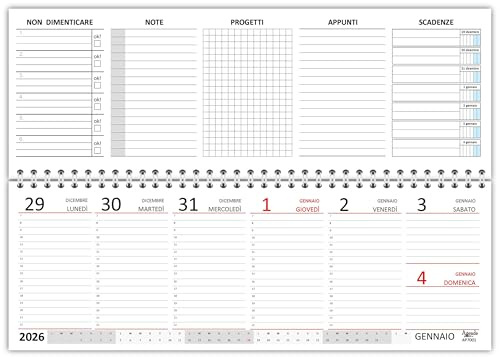 Agendepoint.it - Veckovis spiralplanering 10 x 30 cm festlig i rött och olika anteckningar och anteckningar - 2026