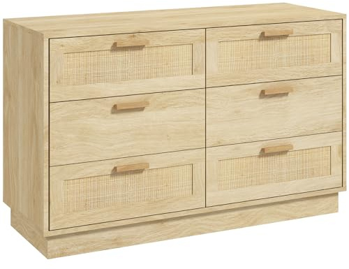 HOMCOM Commode 6 tiroirs Style Bohème 110 x 40 x 69 cm Bois Naturel | Commode Chambre, Meuble de Rangement, Cadre en Bois, Chiffonnier en Rotin, pour Chambre à Coucher, Salon, Entrée