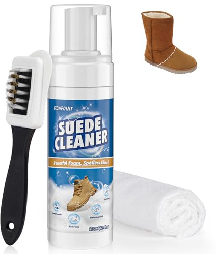 GLOWPOINT Suede and Nubuck Cleaner, 200ml Shoe Cleaning kit with 3-Sided Suede Brush & Towel, Suede Shoe Cleaner Foam Removes Dirt & Stain for Nubuck, Leather, Knit, Boots, Sneaker, Sandals