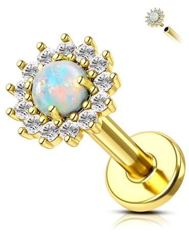 Agrewd Piercing hélix, boucles d'oreilles en forme de fleur d'opale à dos plat pour labret, lèvre, tragus, méduse, bijoux de piercing en acier chirurgical pour femme