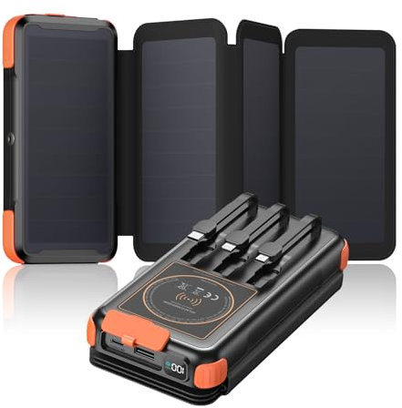 Blivein Power Bank Cargador Solar - 25000mAh Bateria Externa Inalámbrico con 3 Cables Integrados - USB C Bateria Portatil con 4 Paneles Solares - 20W Carga Rápida Powerbank con Linterna