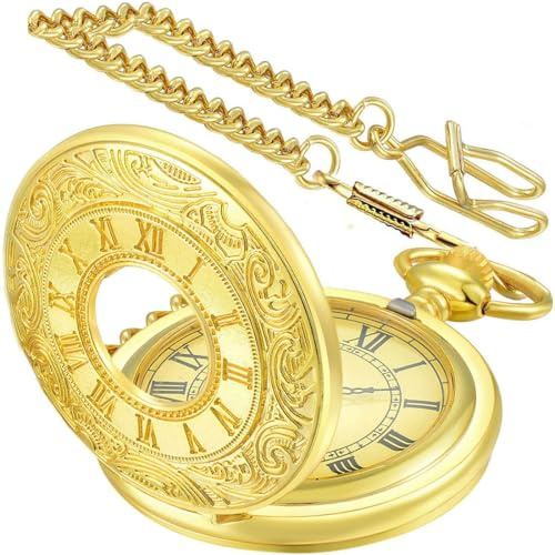 YUYWWAN Reloj de Bolsillo Hombre con Cadena, Relojes de Bolsillos Vintage, Números Romanos Reloj Bolsillo, Edad Media Relojes de Bolsillos Cadena de Cintura para Hombre y Mujer (Dorado)