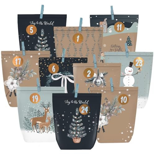KOHMUI Calendario de Adviento para rellenar, 24 bolsas de papel kraft para manualidades, regalo bolsas de papel con números adhesivos para rellenar
