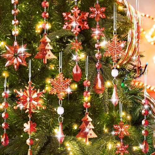 Lanpn 22pcs Christmas Ornaments Crystal Christmas Tree Decoration, Hanging Clear Acrylic Snowflake Icicle Drop Crystal Pendants for Xmas Tree Winter New Year Outdoor Indoor Party Decoration (Red)