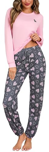 Bresdk Pyjama Femme Hiver Vêtements de Nuit Ensembles de Pyjamas Coton Pijamas Doux à Imprimé Coeur Doux et Mignon avec Poches Rose+Gris M