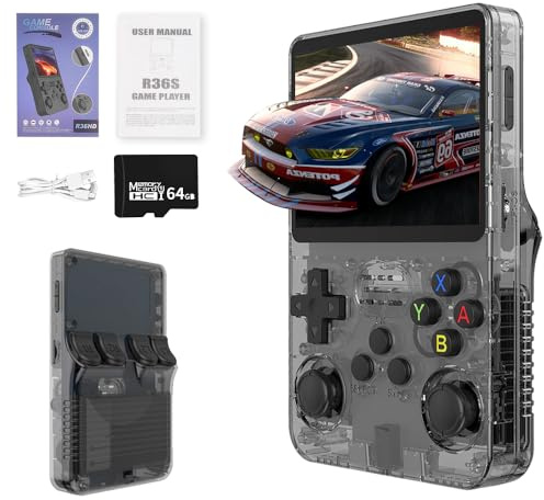 Weciau R36S - Consola de juegos de mano retro con sistema Linux de código abierto, pantalla HD de 3.5 pulgadas, tarjeta TF de 64 G, más de 20000 juegos clásicos, consola de juegos retro portátil para