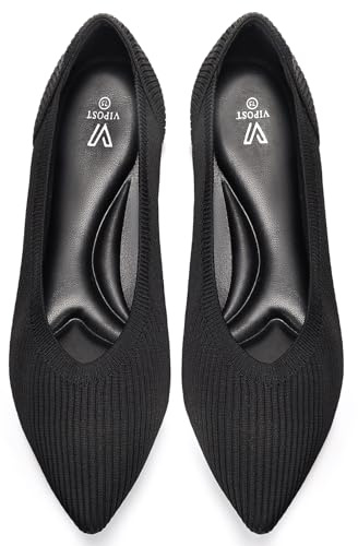 Vipost Knit Ballet Flats for Women Pointed Toe Comfortable Foldable Flat Shoes for Work, Travel, Wedding Breathable Slip On Dressy Flats Black