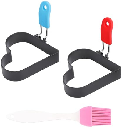 JYYWTSI 2 moldes para huevos fritos de acero inoxidable con forma de corazón, moldes antiadherentes para tortillas con asas plegables, molde para huevos fritos, forma de huevo, anillo de huevo frito