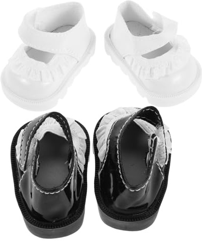 KICHOUSE Scarpe per Bambole 20 Cm Pizzo Bianco e Nero, Accessori Miniatura per Vestire Bambine, Set da 2 Paia di Scarpe da Casa Giocattolo per Collezione e Gioco Creativo