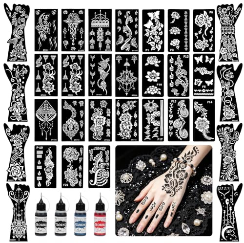 LOPHE Henna stenciler, 44 st henna tatueringssats med 4 färgrör och 40 stenciler, gör-det-själv tillfälliga tatueringsset för fester, fester och kreativ typ
