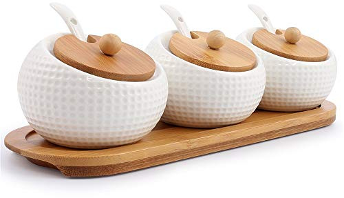 Porcelain Condiment Jar Spice Container with Lids - Bamboo Cap Holder Spot, Ceramic Serving Spoon, Wooden Tray Best Pottery Cruet Pot for Your Home, Kitchen, Counter. White,170 ML (5.8 OZ), Set of 3