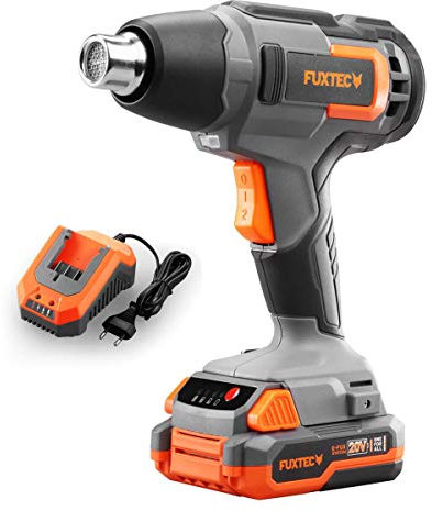 FUXTEC Akku Heißluftpistole E1HLP20 – inklusive 2Ah-Akku und 2,4A Ladegerät – Heißluftgebläse/Heißluftföhn Temperaturen bis 550°C – Farbe ablösen, Löten, Schweißen