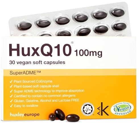 Q10 Coenzyme 100 mg Capsules, 30-Pack – Support Heart, Blood Pressure, Skin Health with Easy-to-Swallow Vegan Ubiquinone COQ10 Fermented SuperADME – Food Supplements by Huxley Europe