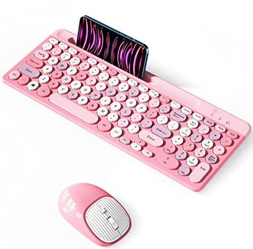 Bluetooth Keyboard and Mouse Wireless,Multi-Device Rechargeable Keyboard and Mouse Combo with Phone Holder (Bluetooth 5.0+3.0+2.4GHz) Quiet Ergonomic Compatible with Mac/Windows/iOS/Android (Pink)