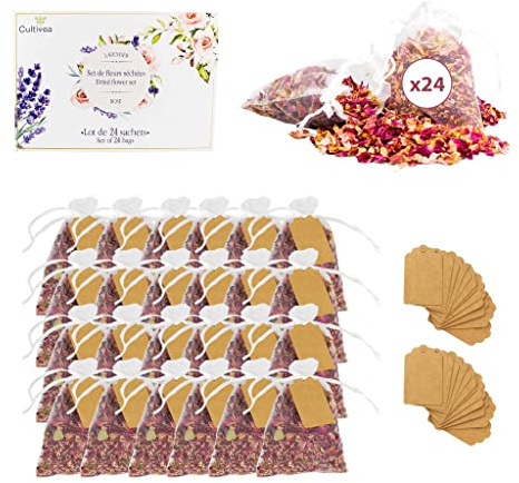 CULTIVEA 24 påsar med naturliga torkade blommor - Rosor - Blommor för bröllop, födelsedagar, jubileer - Bröllopsdekoration - Konfetti - Ljus och hartser - Torkade rosen
