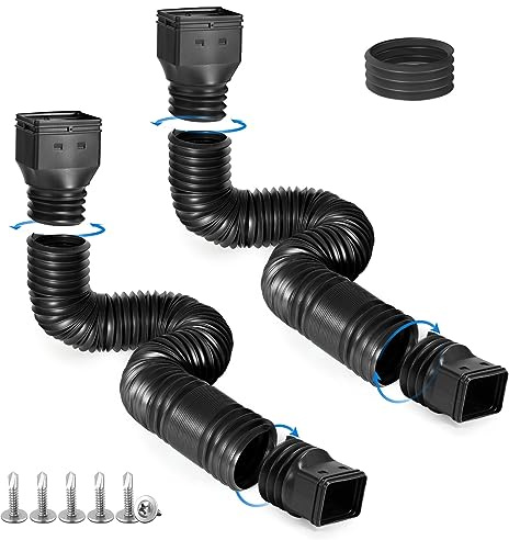 plusgutter 2 Pack Rain Gutter Downspout Extensions, Flexible Downspout Extender with 58+68 Extendable Pipes for Rain Water Drainage, Durable Down Spout Drain Extension with Connector (Black)