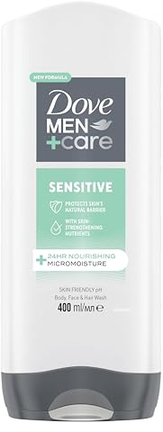 Dove Men+Care Sensitive 3-in-1 Hair, Body and Face Wash Body Cleanser shower gel with 24 hour nourishing MicroMoisture technology for healthier, smoother-feeling skin 400 ml